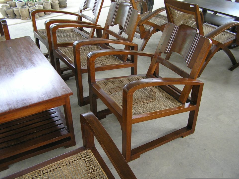 Burmese deco chair set, square arm
